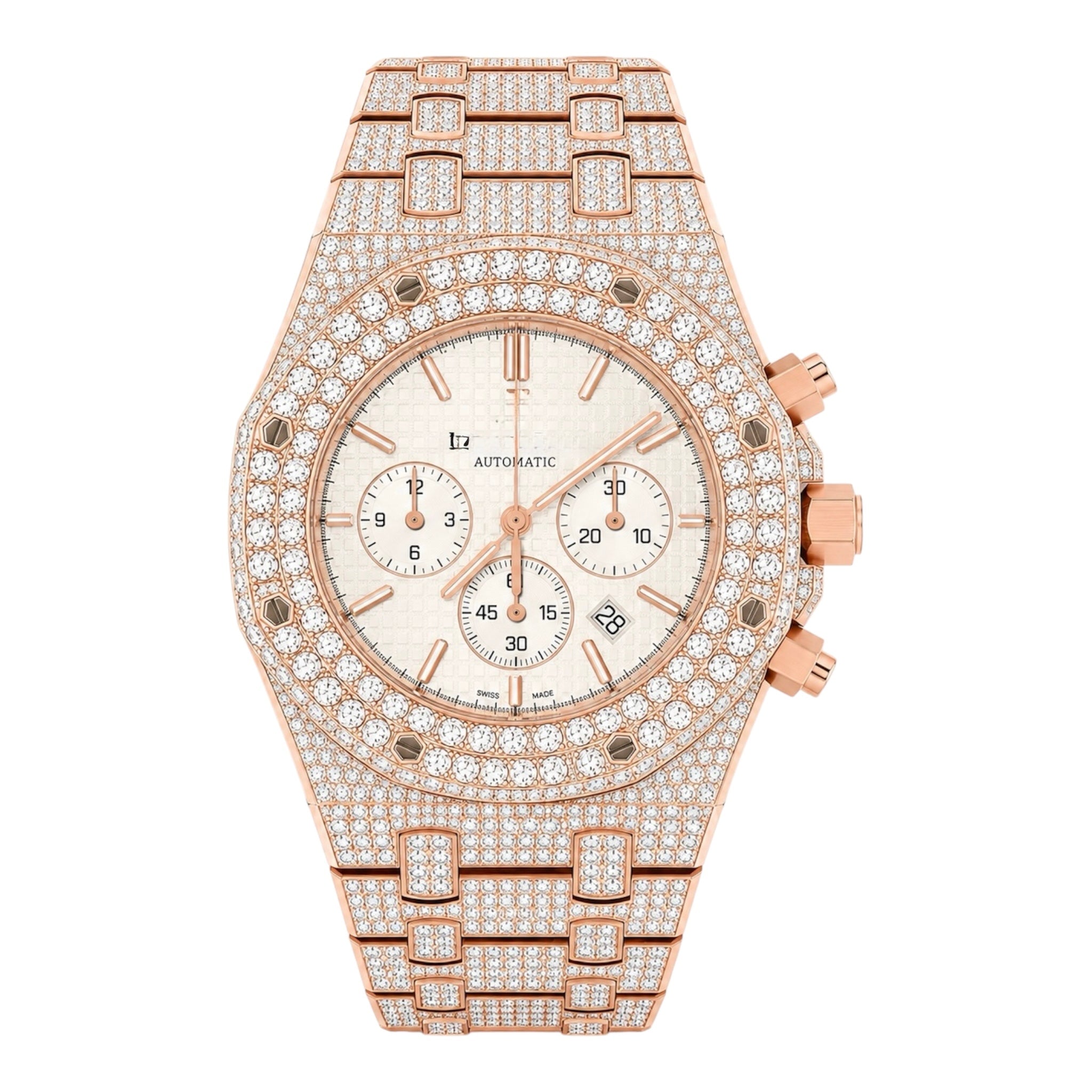 Aurelix Prestige Collection – Rose Gold Fully Iced Moissanite Chronograph Watch