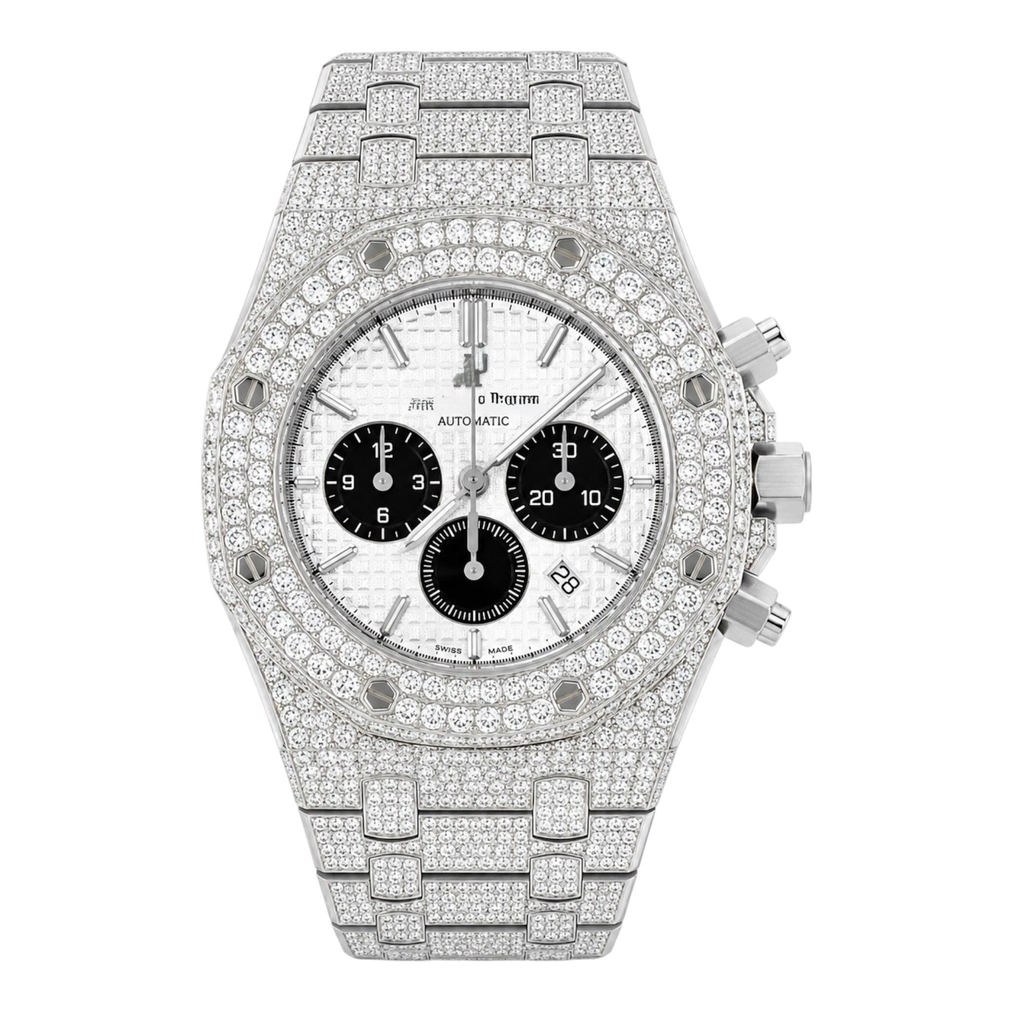 Aurelix Prestige Collection – Silver Fully Iced Moissanite Chronograph Watch