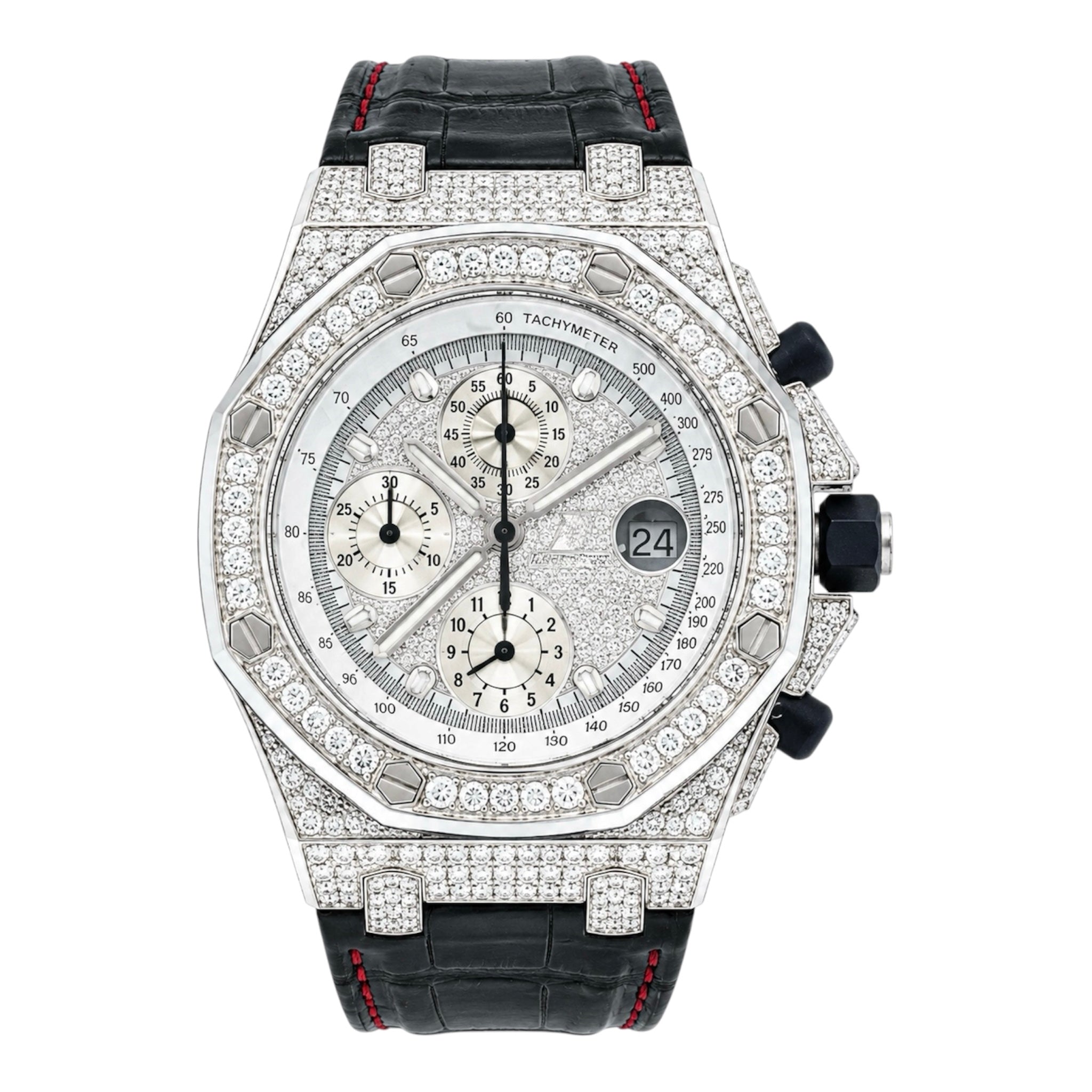 Aurelix Prestige Collection – Silver Iced Moissanite Watch with Black Strap