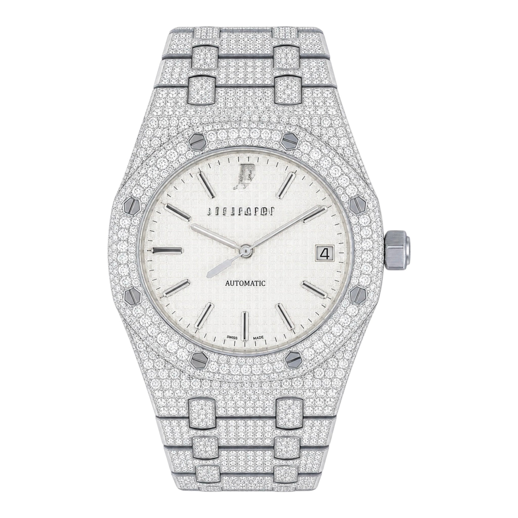 Aurelix Prestige Collection – Silver Fully Iced Moissanite Watch with White Dial
