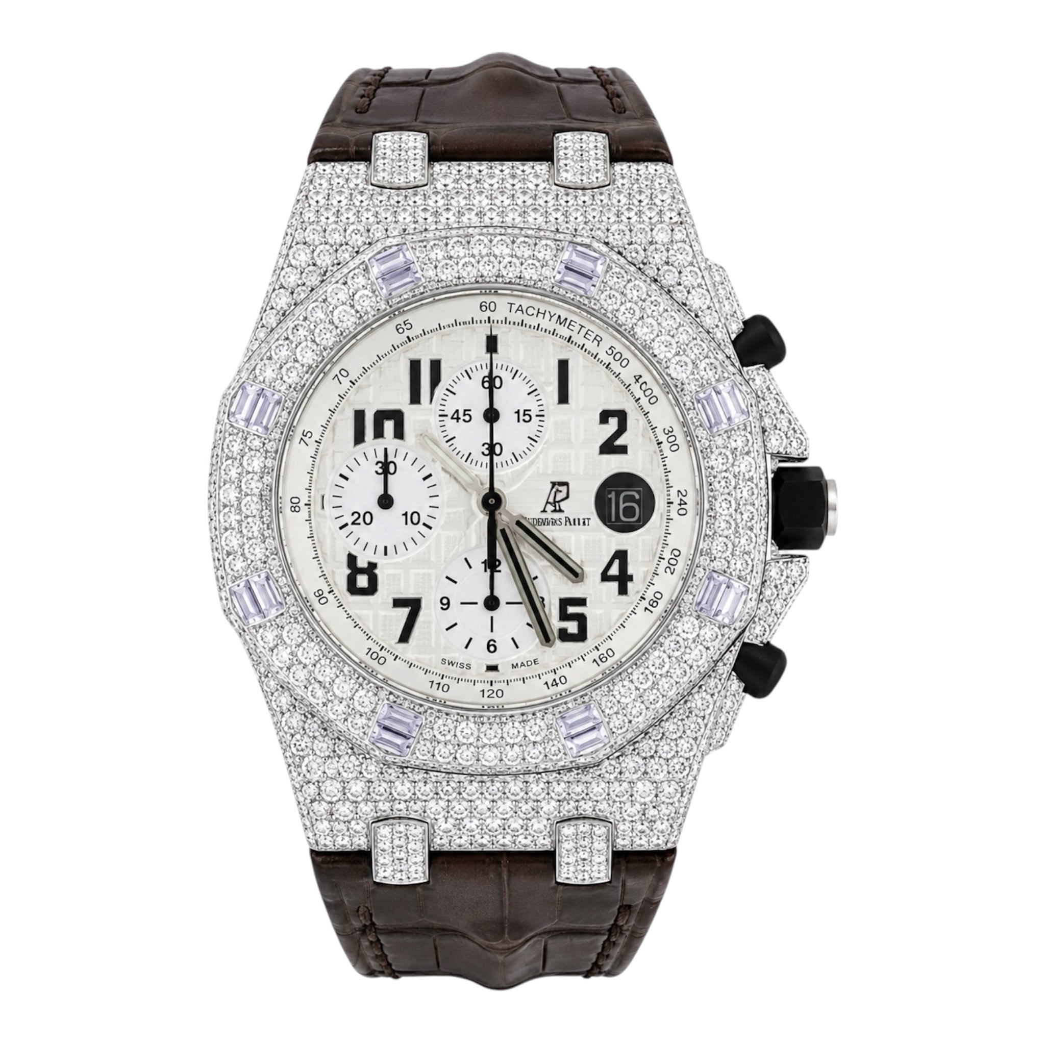 Aurelix Prestige Collection – Silver Iced Moissanite Watch with Brown Strap