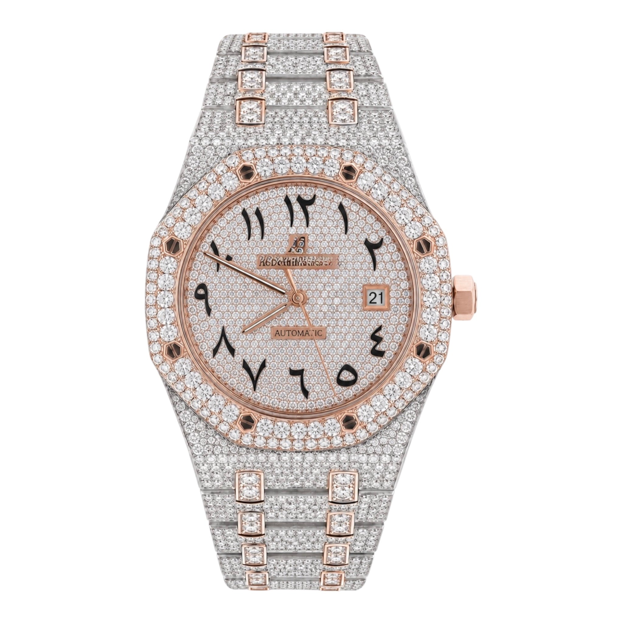 Aurelix Prestige Silver & Rose Gold Arabic Moissanite Watch