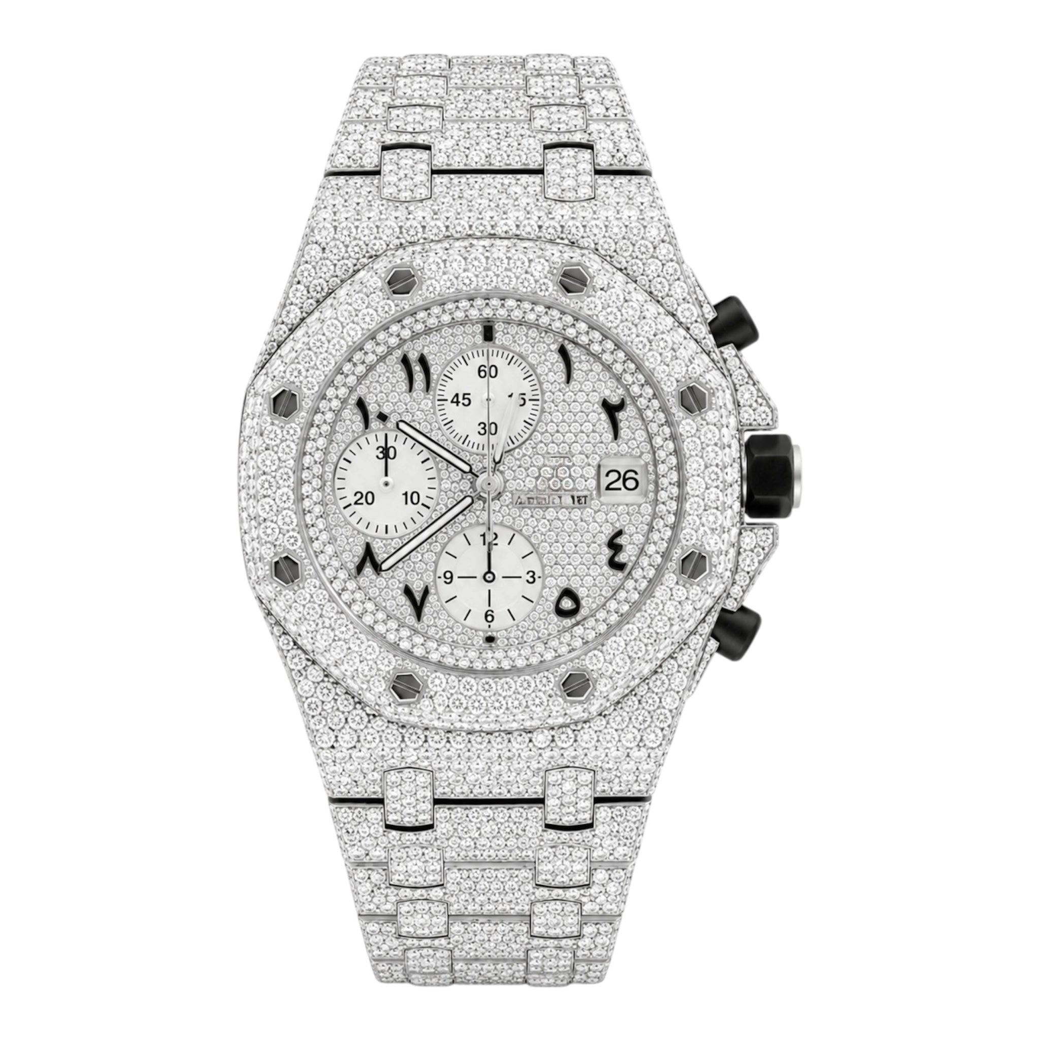 Aurelix Prestige Silver Arabic Chronograph Moissanite Watch