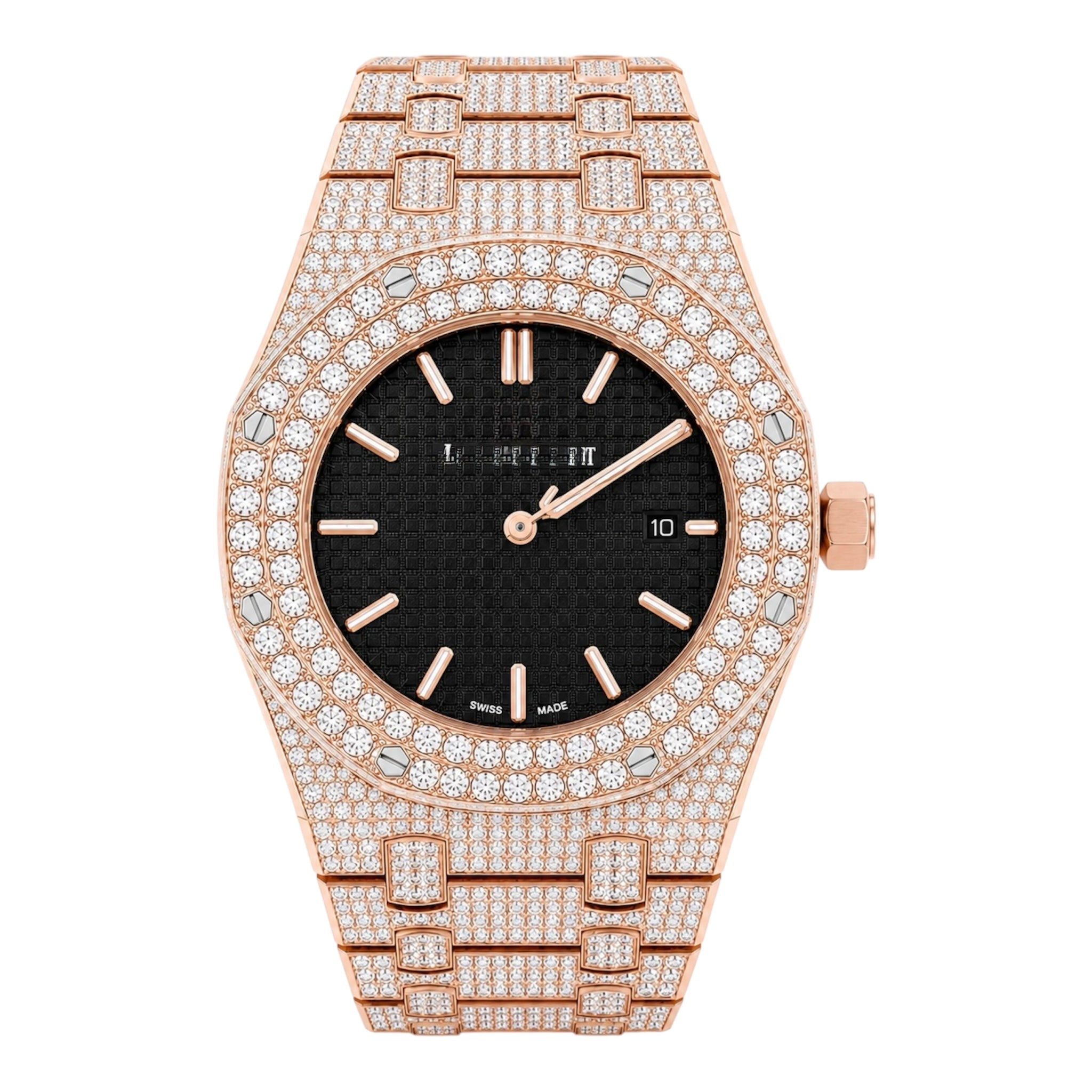 Aurelix Prestige Collection – Rose Gold Fully Iced Moissanite Watch with Black Dial