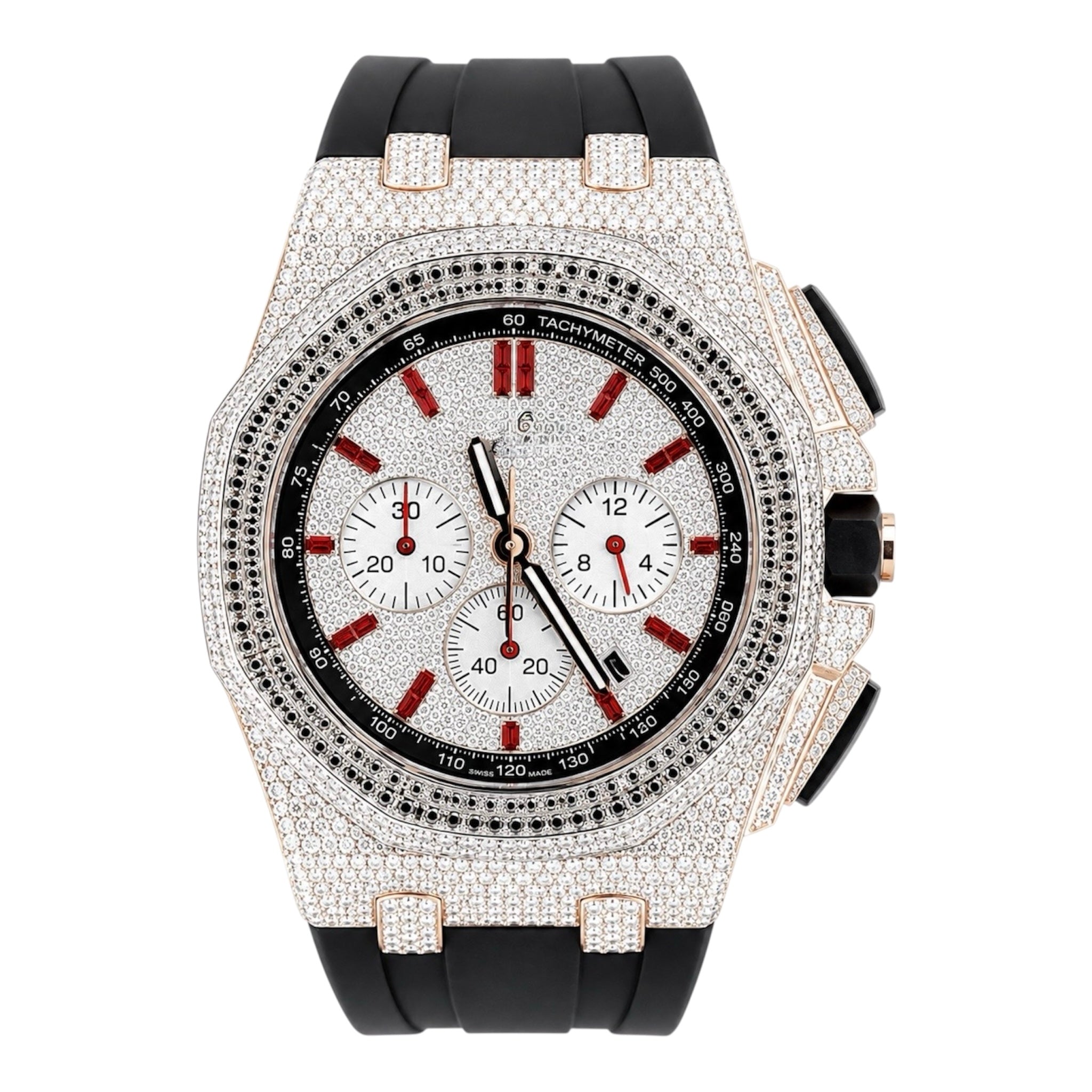 Aurelix Prestige Collection – Silver Iced Moissanite Watch with Red Accents