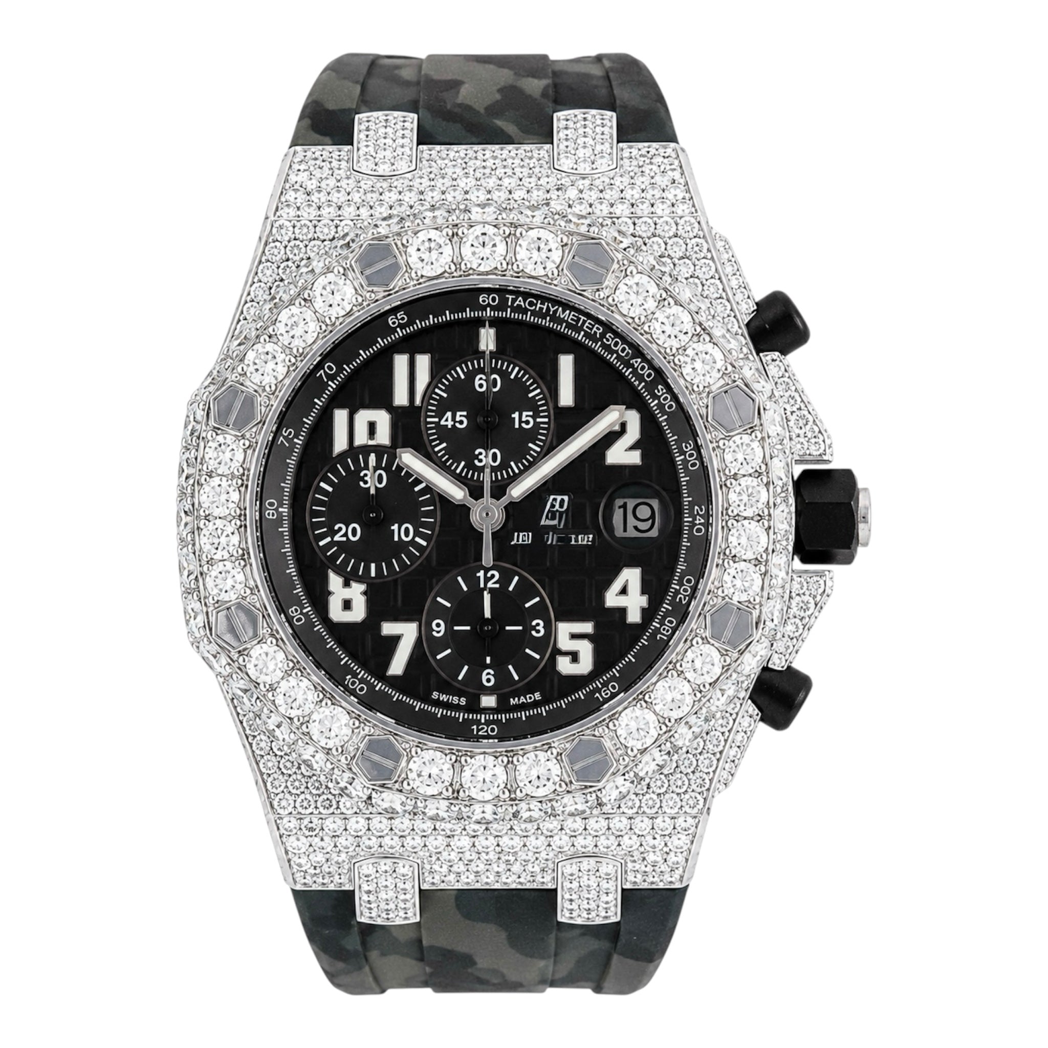 Aurelix Prestige Collection – Silver & Black Iced Moissanite Watch with Camo Strap