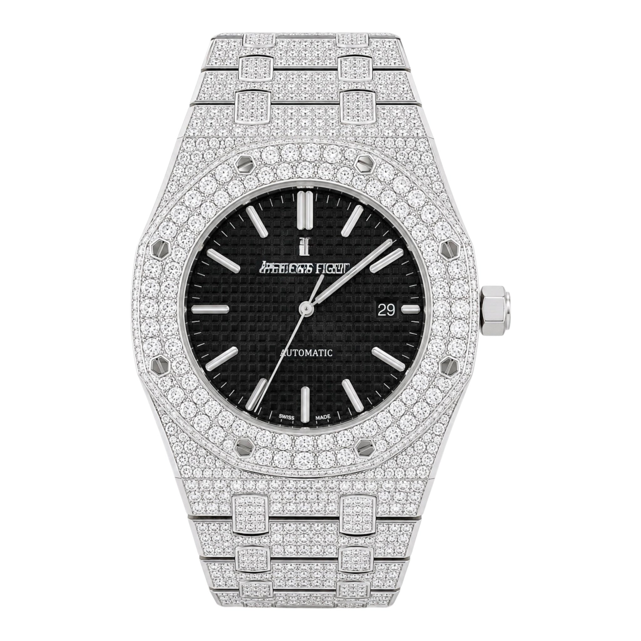 Aurelix Prestige Collection – Silver Fully Iced Moissanite Watch with Black Dial