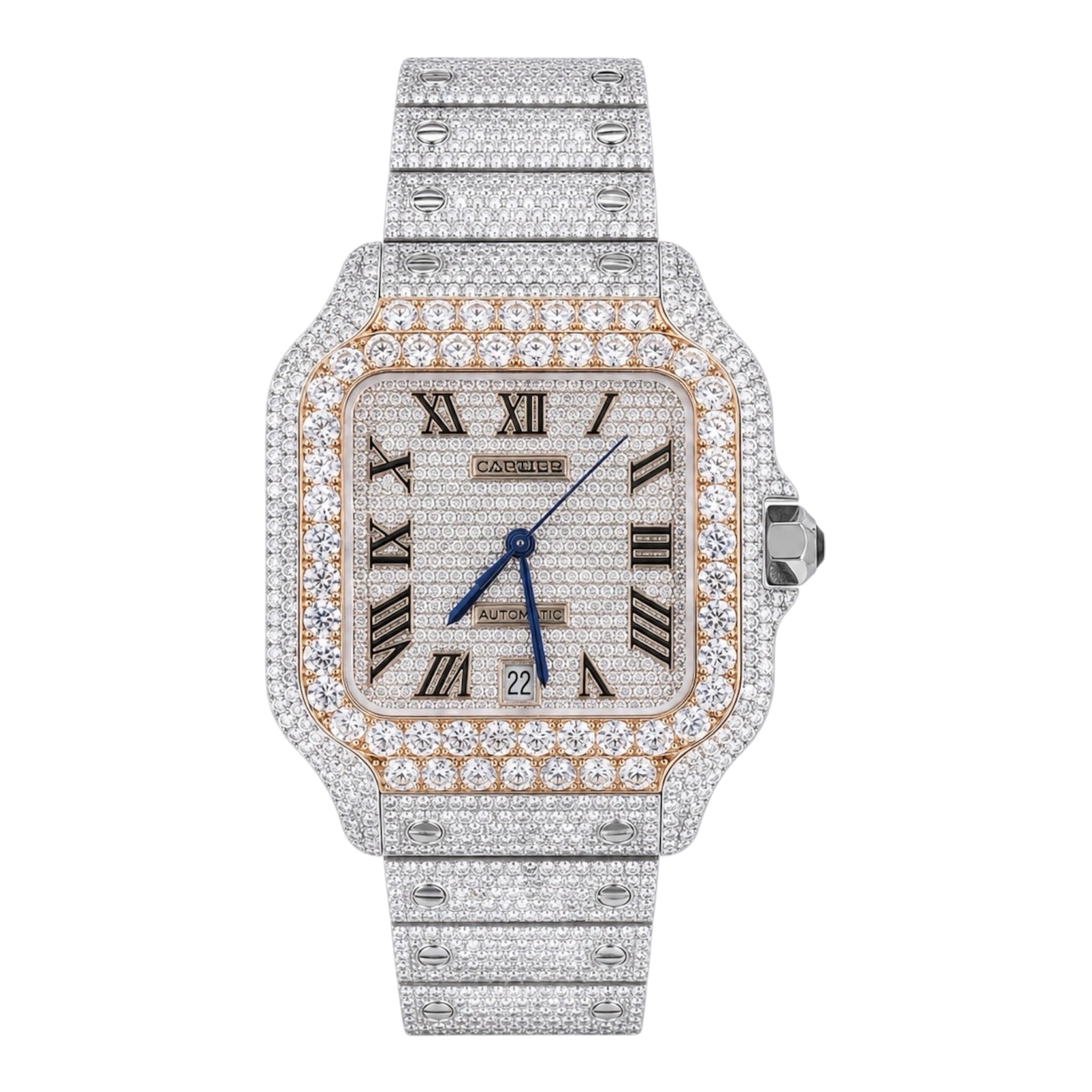 CTR Fully Iced Moissanite Watch – Silver & Rose Gold Roman Dial #20