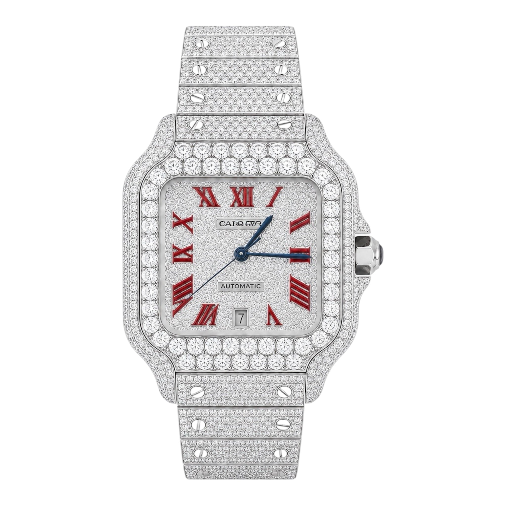 CTR Fully Iced Moissanite Watch – Silver & Red Roman Dial #21
