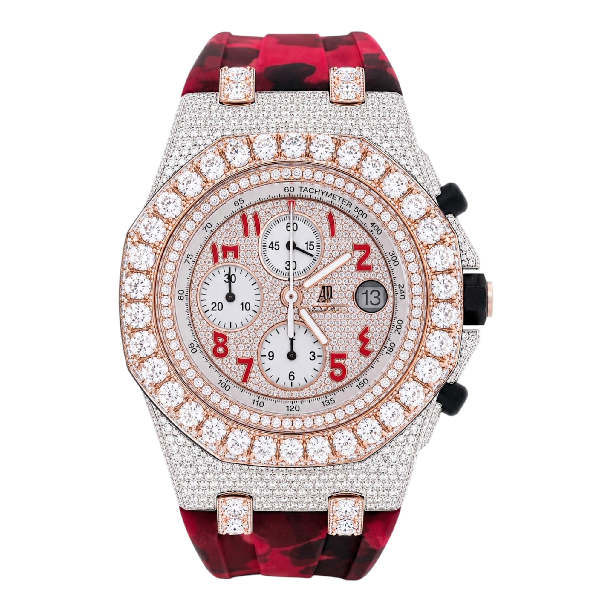 Aurelix Prestige Collection – Red Camo & Rose Gold Iced Moissanite Watch