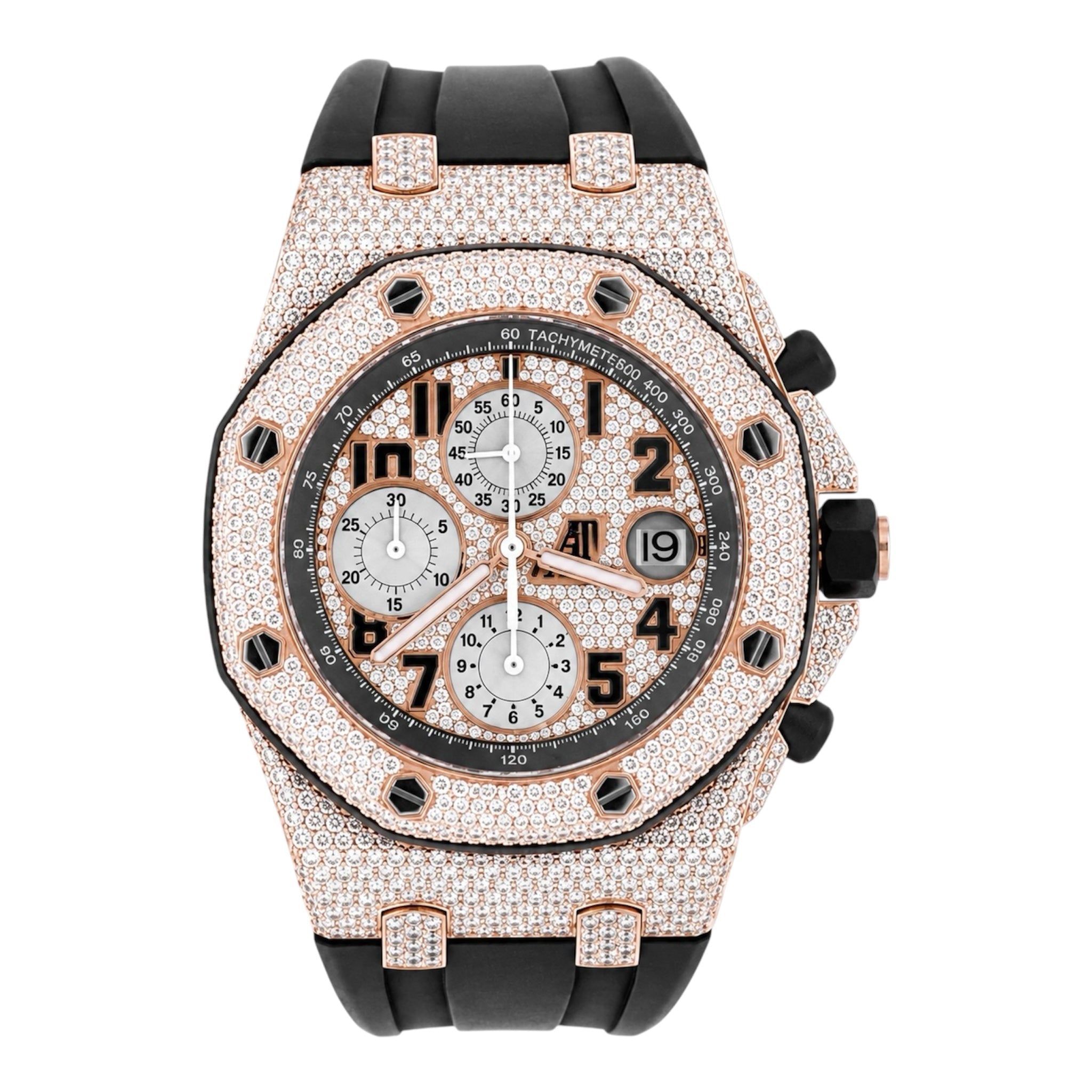 Aurelix Prestige Collection – Rose Gold & Black Iced Moissanite Watch