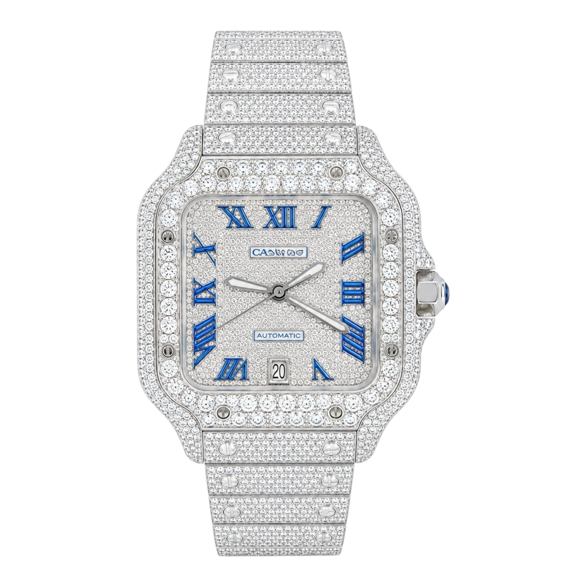 CTR Fully Iced Moissanite Watch – Silver & Blue Roman Dial #22